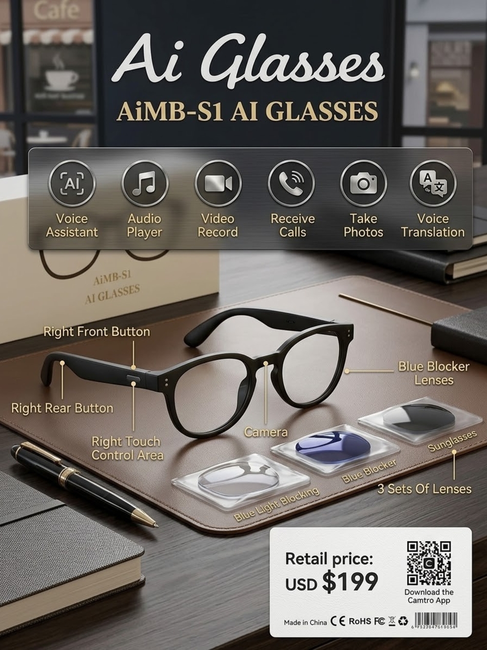 AI Glasses - Black Blue-Blocker Lenses